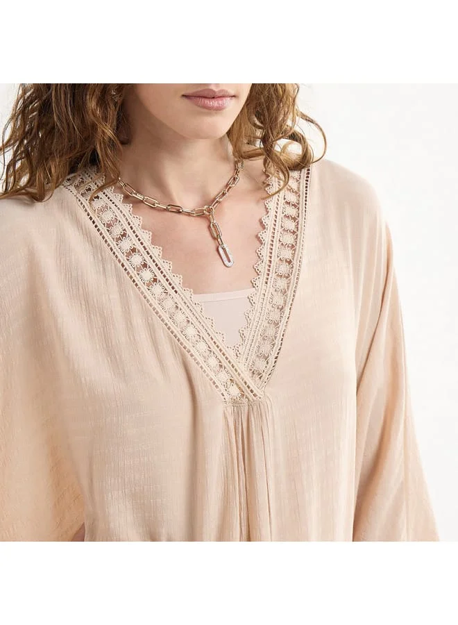 Splash FAV Solid Midi Kaftan Dress with Long Sleeves and Lace Detail