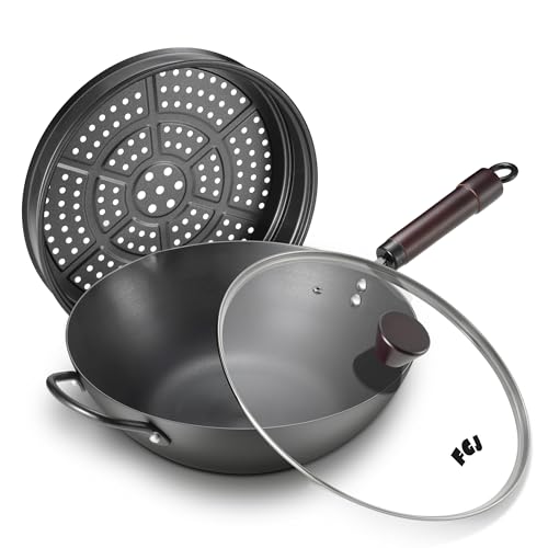 FGJ Wok, 13 Inch carbon steel wok pan with steamer & stir-fry pans nonstick, Pre-Seasoned 5.8QT Flat Bottom Chinese Woks Paella Pan with lid, Carbon Steel Cookware, Compatible with All Cooktops - Image 1