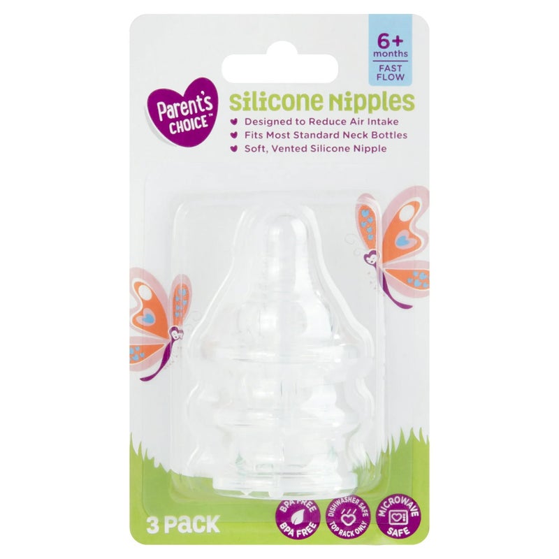 Parent's Choice Fast Flow Silicone Nipples for Standard Neck Infant Baby Bottles, Age 6+ Months, Soft, Vented, Clear, BPA Free, 3 Count - 1 Pack - Image 1