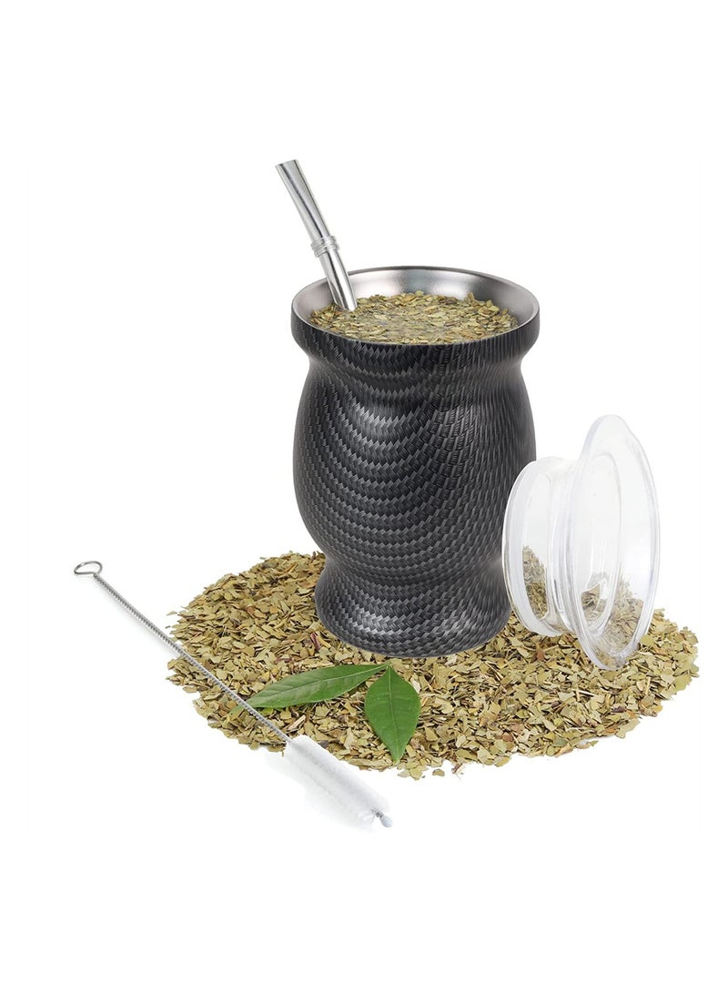 KASTWAVE Yerba Mate Tea Cup 230ml Black Grid Stainless Steel Double Walled Easy Wash Household Insulation Cup Mate Gourds for Yerba Mate Loose Leaf Drinking Includes Bombilla Straw and Cleaning Brush - Image 1