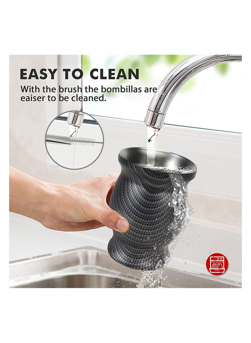 KASTWAVE Yerba Mate Tea Cup 230ml Black Grid Stainless Steel Double Walled Easy Wash Household Insulation Cup Mate Gourds for Yerba Mate Loose Leaf Drinking Includes Bombilla Straw and Cleaning Brush - Image 3