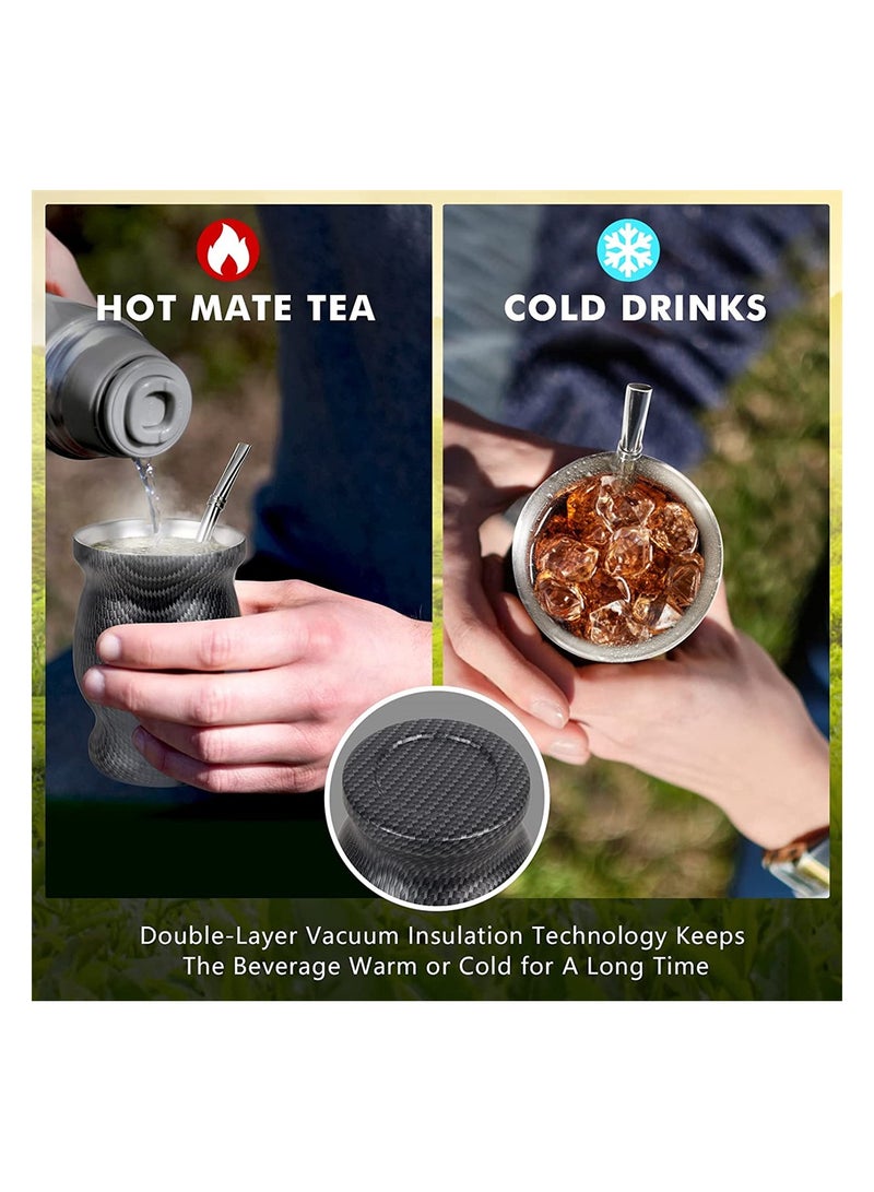 KASTWAVE Yerba Mate Tea Cup 230ml Black Grid Stainless Steel Double Walled Easy Wash Household Insulation Cup Mate Gourds for Yerba Mate Loose Leaf Drinking Includes Bombilla Straw and Cleaning Brush - Image 2