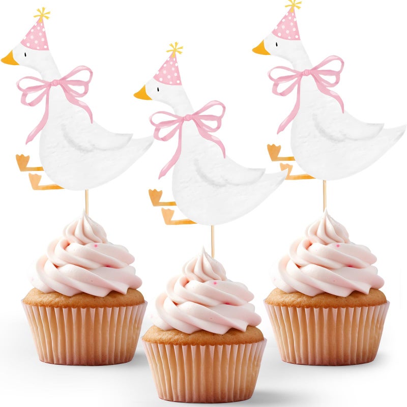 Reallnaive 12 Pcs Silly Goose Cupcake Toppers Funny One Silly Goose Party Decoration Geese Cake Toppers for Girls Boys Baby Shower Birthday Party Supplies Pink - Image 3