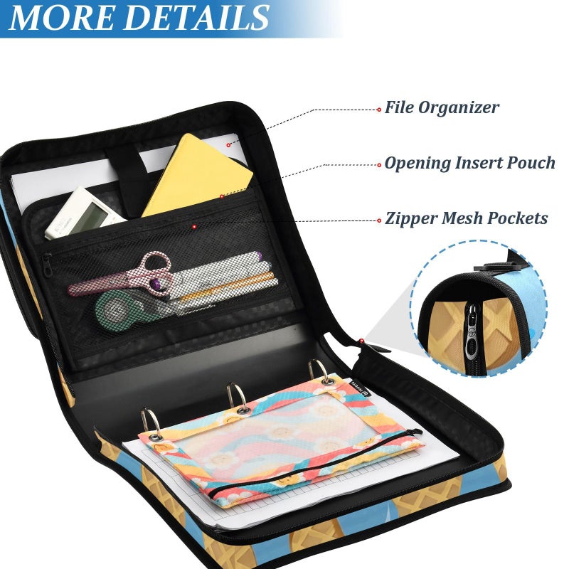 ALAZA Blue Ice Cream Drip 3 Ring Zipper Binder with Shoulder Strap 1.5 inch Binders Keeper Large Capacity Multi Pockets for School Office Supplies - Image 3