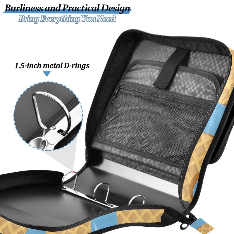 ALAZA Blue Ice Cream Drip 3 Ring Zipper Binder with Shoulder Strap 1.5 inch Binders Keeper Large Capacity Multi Pockets for School Office Supplies - Image 5