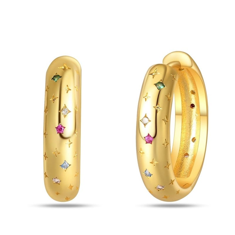 Cycuff 925 Sterling Silver Hoop Earrings Colorful Cubic Zirconia Jewelry Earrings for Women Set Earring Gifts for Her (Gold Star Dot Earrings) - Image 1