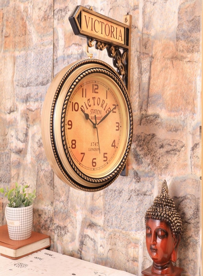 Ximdeco Plastic Wooden Pattern Replica Dual Side Victoria Station Wall Clock Vintage Style Large Numerals Quartz Movement Platform Railway Clock Home Decor (Golden-R&N) - Image 1
