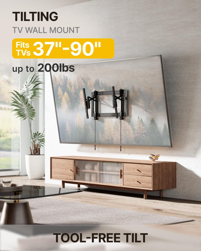 monTEK Heavy Duty Tilting TV Wall Mount Barckt for 37â€“90" TVs up to 200 lbs â€“ Low Profile, Universal Fit, Tilt & Swivel Adjustment, 6.8" Extension, Fits 16"/18"/24" Studs, Max VESA 600x400mm - Image 2