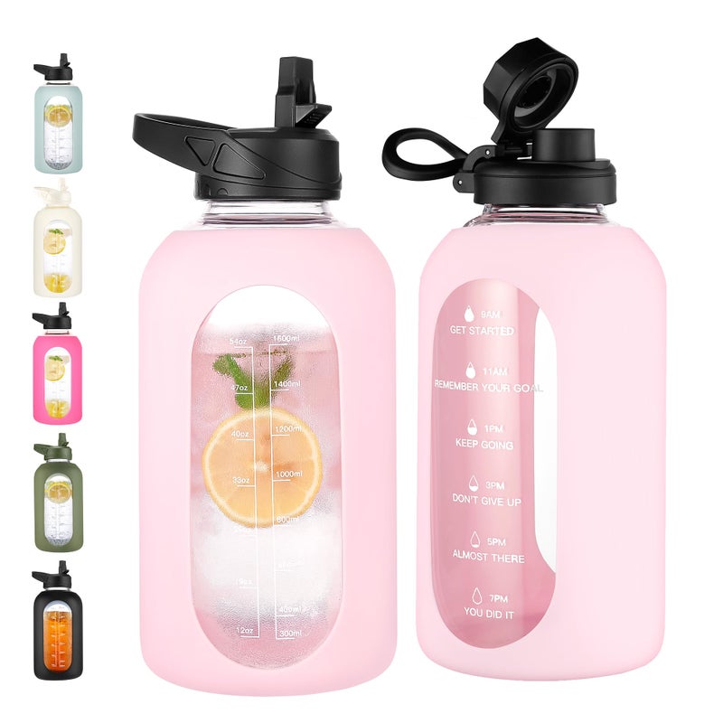 CIVAGO 64 oz Glass Water Bottle Jug with Straw and Handle, Half Gallon Sports Motivational Water Bottle with Time Marker, Wide Mouth Flask Canteen with Silicone Sleeve for Gym, Blush - Image 1