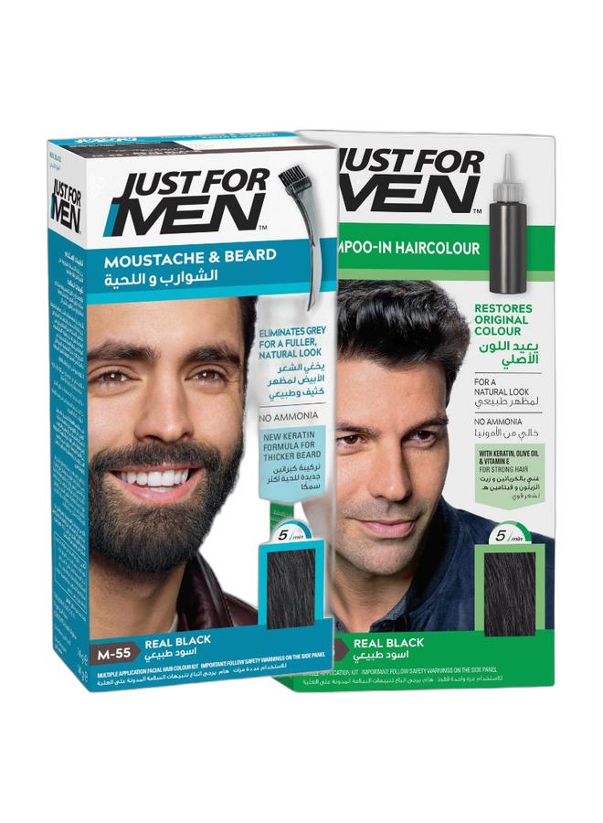 Just For Men Men’s Complete Hair & Beard Color Kit – Real Black (H-55 & M-55) with Biotin, Aloe, and Coconut Oil - Image 1