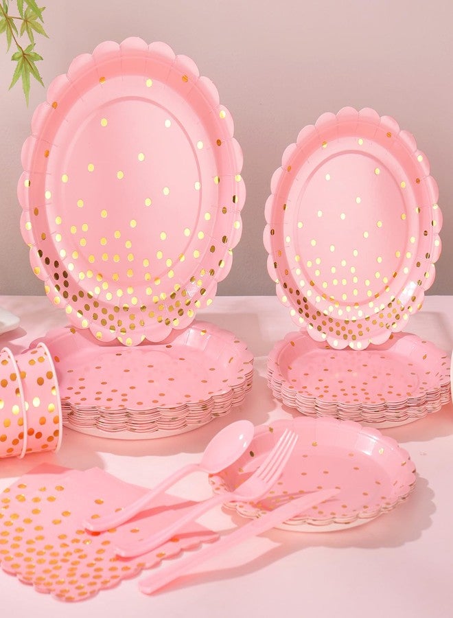 LOOWVY 175 Pink Rose Gold Plates Napkins Party Decorations, Pink and Gold Disposable Party Supplies, Plastic Forks Knives Spoons Rose, Golden Dot Paper 9 Inch for Baby Shower Birthday, Severs 25 - Image 4
