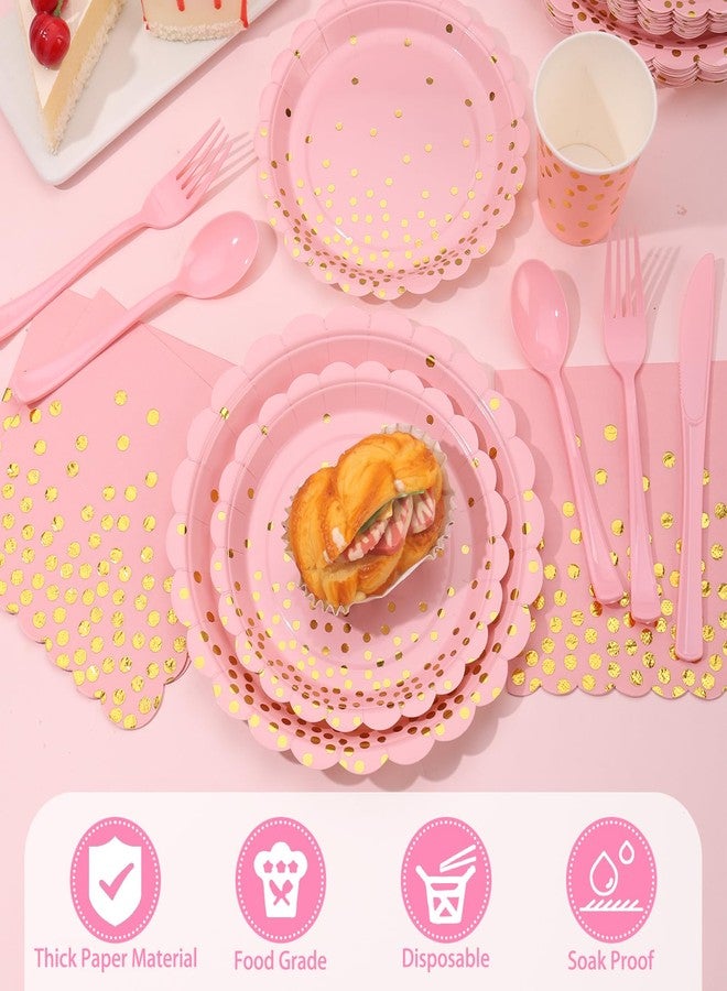 LOOWVY 175 Pink Rose Gold Plates Napkins Party Decorations, Pink and Gold Disposable Party Supplies, Plastic Forks Knives Spoons Rose, Golden Dot Paper 9 Inch for Baby Shower Birthday, Severs 25 - Image 5
