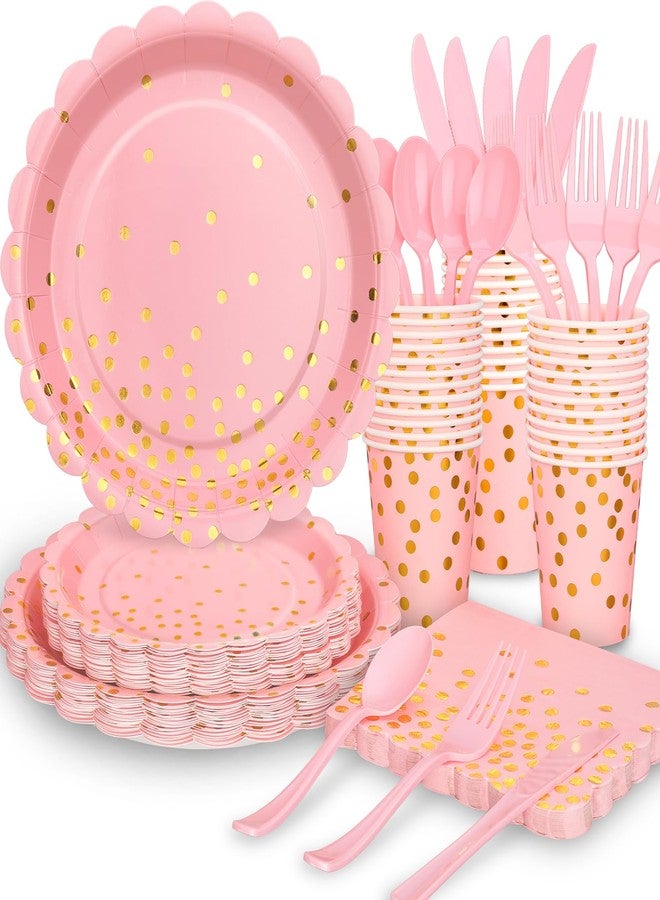 LOOWVY 175 Pink Rose Gold Plates Napkins Party Decorations, Pink and Gold Disposable Party Supplies, Plastic Forks Knives Spoons Rose, Golden Dot Paper 9 Inch for Baby Shower Birthday, Severs 25 - Image 1