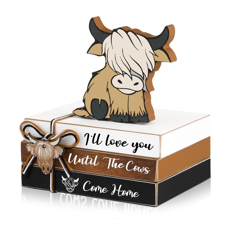 Yookeer 4 Pieces Highland Cow Tiered Tray Decor Mini Wood Book Stacks Table Decorations Highland Cow Wooden Book Rustic Farmhouse Table Sign for Home Room Mantle Fireplace Shelf