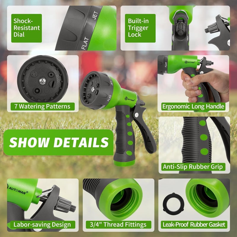 AUTOMAN -Garden-Hose-Nozzle,ABS Water Spray Nozzle with Heavy Duty 7 Adjustable Watering Patterns,Slip Resistant for Watering Plants,Lawn& Garden,Washing Cars,Cleaning,Showering Pets - Green - Image 3