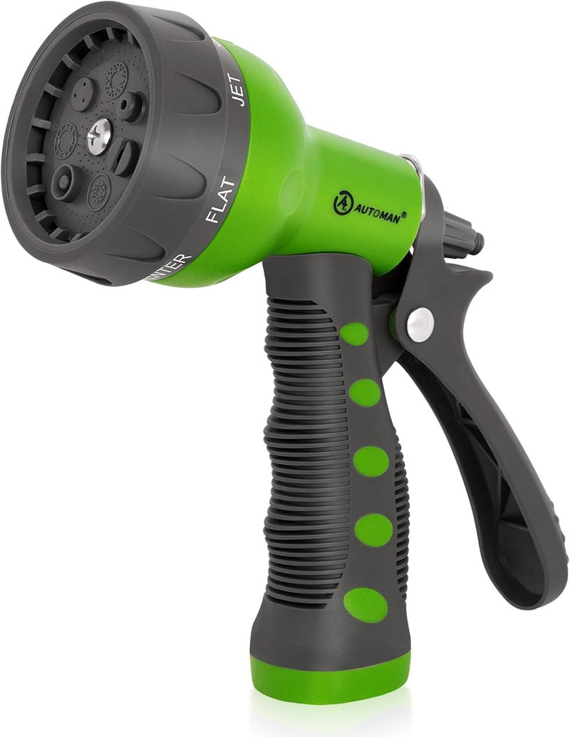AUTOMAN -Garden-Hose-Nozzle,ABS Water Spray Nozzle with Heavy Duty 7 Adjustable Watering Patterns,Slip Resistant for Watering Plants,Lawn& Garden,Washing Cars,Cleaning,Showering Pets - Green - Image 1
