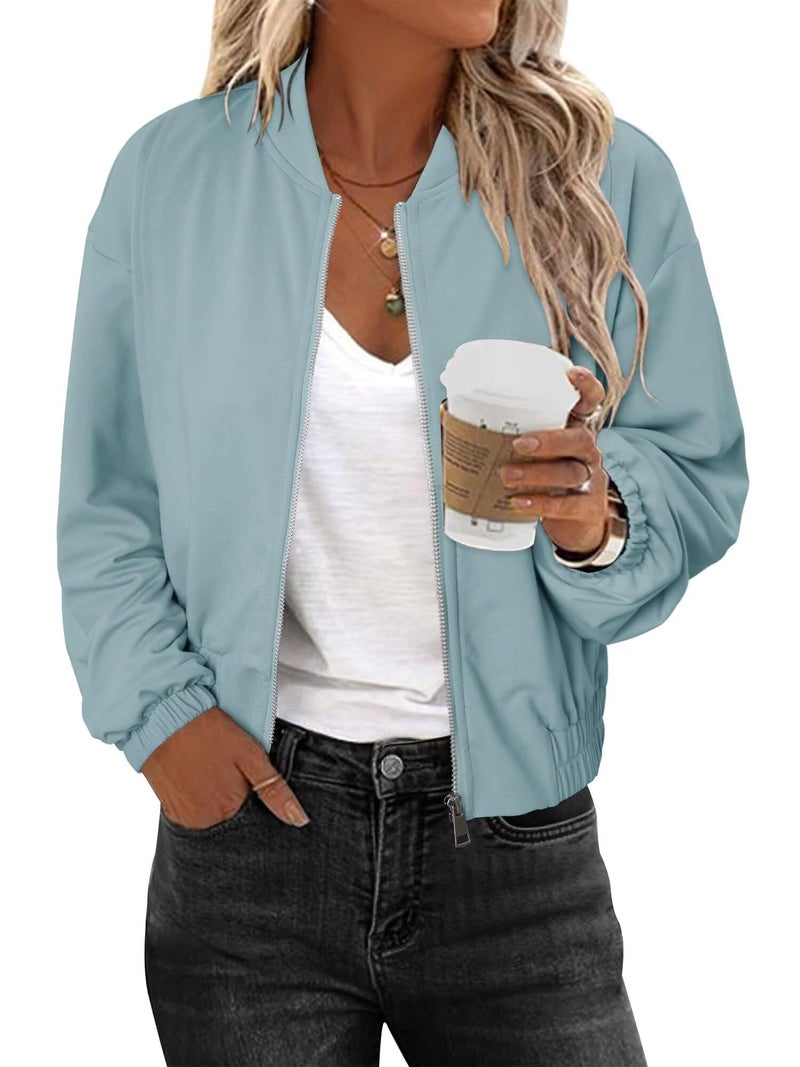 KISSMODA Daily Coat Warm Long Sleeve Cropped Zip Jacket, Smooth Soft Blue Fabric with Elastic Hem, Suitable for Both Indoor and Outdoor Use for Cozy Spring and Autumn Daily Wear, Size L - Image 1