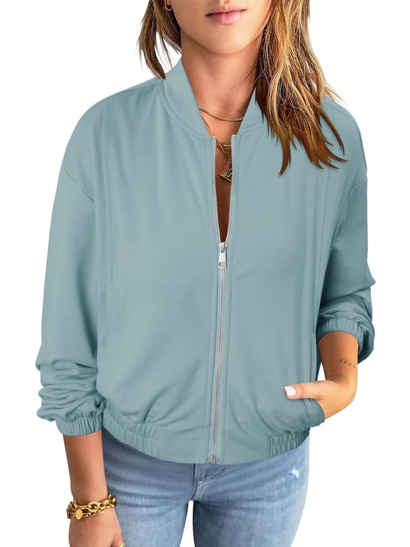 KISSMODA Daily Coat Warm Long Sleeve Cropped Zip Jacket, Smooth Soft Blue Fabric with Elastic Hem, Suitable for Both Indoor and Outdoor Use for Cozy Spring and Autumn Daily Wear, Size L - Image 2