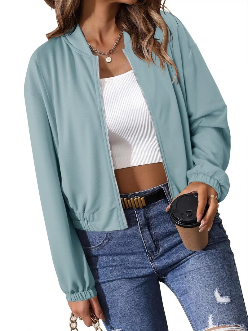 KISSMODA Daily Coat Warm Long Sleeve Cropped Zip Jacket, Smooth Soft Blue Fabric with Elastic Hem, Suitable for Both Indoor and Outdoor Use for Cozy Spring and Autumn Daily Wear, Size L - Image 4