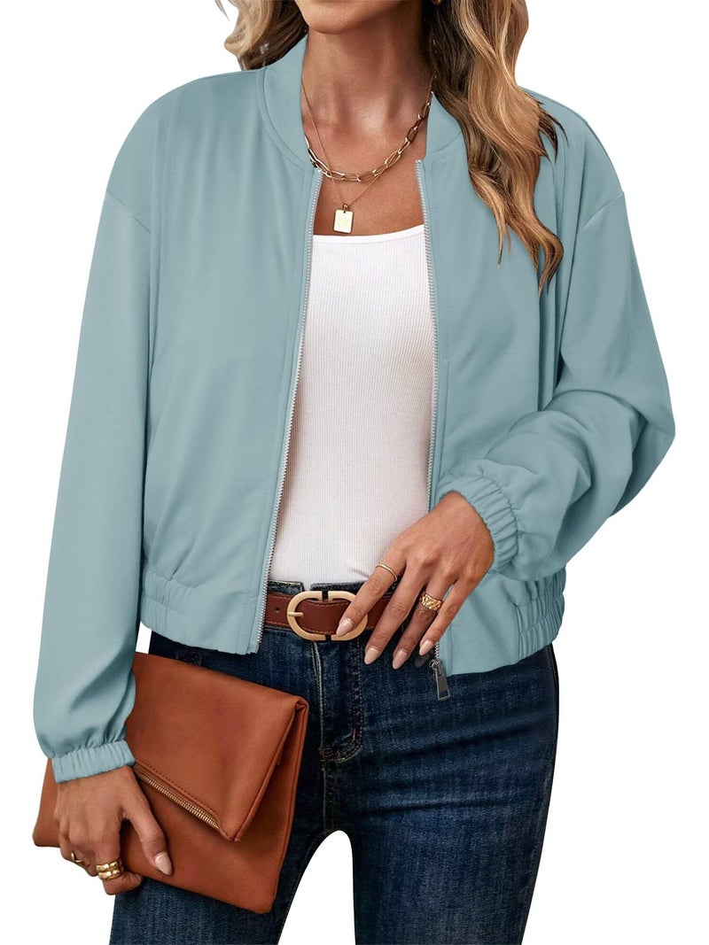 KISSMODA Daily Coat Warm Long Sleeve Cropped Zip Jacket, Smooth Soft Blue Fabric with Elastic Hem, Suitable for Both Indoor and Outdoor Use for Cozy Spring and Autumn Daily Wear, Size L - Image 5