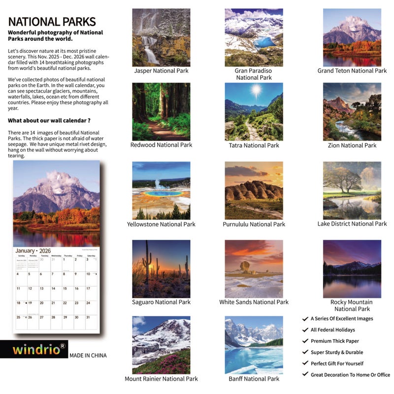 windrio 2026 Wall Calendar,Calendar 2026, November 2025 - December 2026, Wall Calendar National Parks, 12" x 24" Opened,Full Page Months Thick & Sturdy Paper for Calendar Organizing & Planning - Image 2