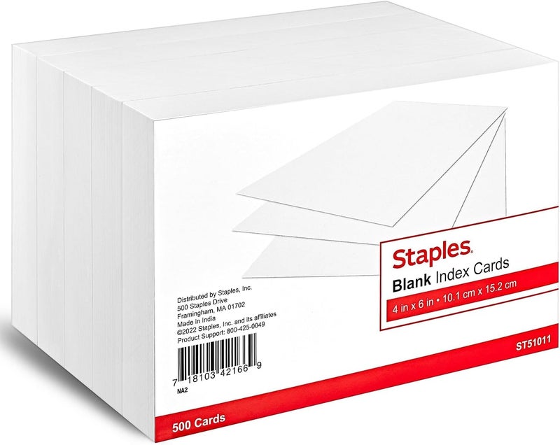 Staples بطاقات فهرسة بيضاء فارغة 4 بوصة × 6 بوصة من ستابلز 500 حزمة 51011 - Image 1