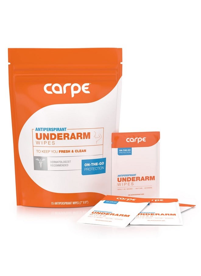 Carpe - Carpe Antiperspirant Underarm Wipes for Sweat Blocking, Deodorizing, and Cleansing When You’re On the Move - 15 Residue Free, Individually Wrapped Wipes - Clean and Refreshing Scent - Image 1