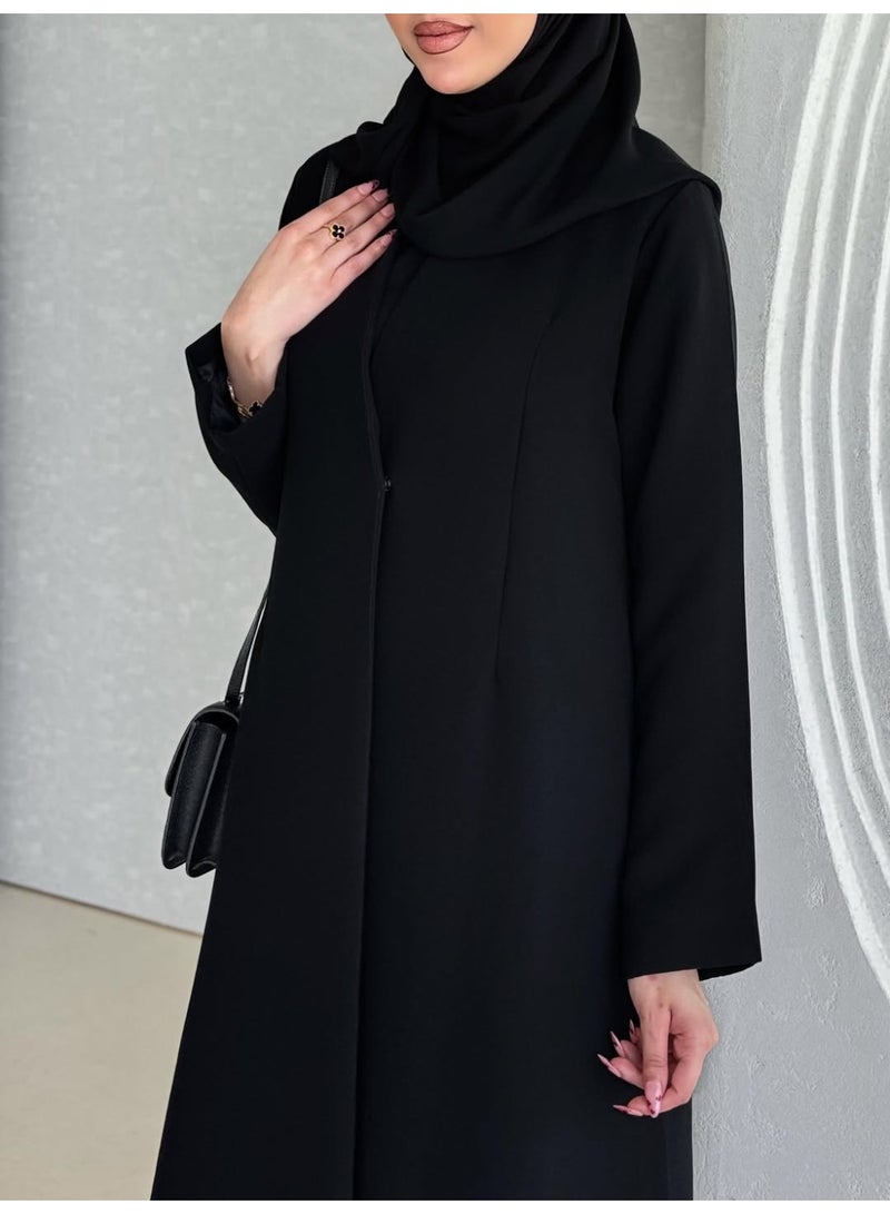 Sedfa Black Wrap Abaya with Shoulder Cut in Standing Linen Fabric - Includes Free Veil & Niqab - Image 2