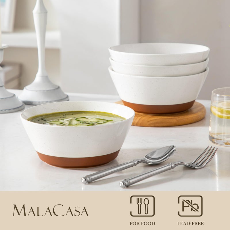 MALACASA Soup Bowls, Ceramic Salad Bowls Set of 4, 36oz Ceramic Bowls for Ramen, Cereal, Fruit and Pho, Microwave & Dishwasher Safe, Speckled Deep Bowls, Vanilla White & Brown - Image 4