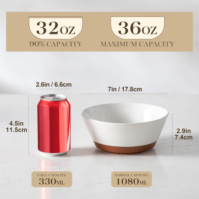 MALACASA Soup Bowls, Ceramic Salad Bowls Set of 4, 36oz Ceramic Bowls for Ramen, Cereal, Fruit and Pho, Microwave & Dishwasher Safe, Speckled Deep Bowls, Vanilla White & Brown - Image 2