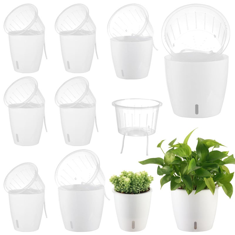 KvyusFlourish Self-Watering Pots for Indoor Plants, 8-Pack Self Watering Planter with Drainage Holes, Small African Violet Pots with Water Indicator, 5 Packs 5''/3 Pack 6.7'' Orchid Pot, White - Image 1