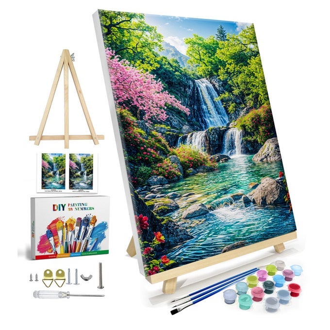 PAINT BY NUMBERS KIT FOR ADULTS WITH FRAME LANDSCAPE PAINT BY NUMBER WITH EASEL MOUNTAIN WATERFALL PAINT BY NUMBER CANVAS DIY LANDSCAPE OIL PAINTING KIT FOR HOME WALL DECOR 8X12 INCH