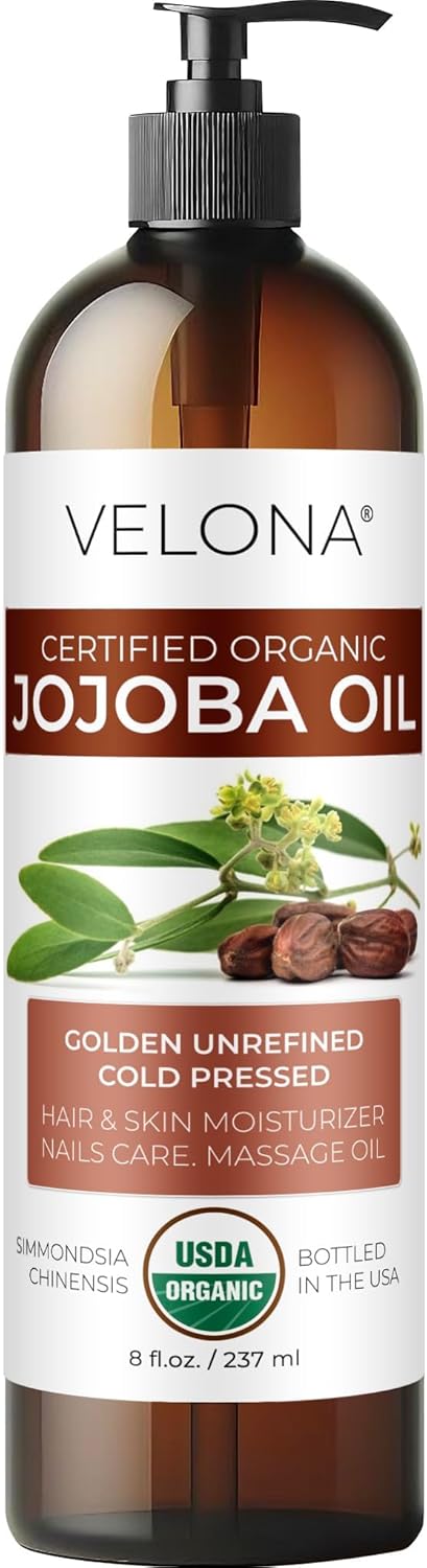velona Organic Jojoba Oil 8 Fl Oz With Pump  Unrefined Cold Pressed for Face Hair Body Skin Stretch Marks  Cuticles
