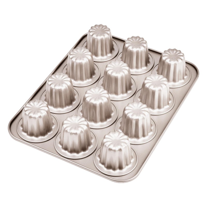 Bakeley 12 Canele Mold Cake Pan NonStick Canele Muffin Bakeware Cupcake Pan for Oven Baking Champagne Gold