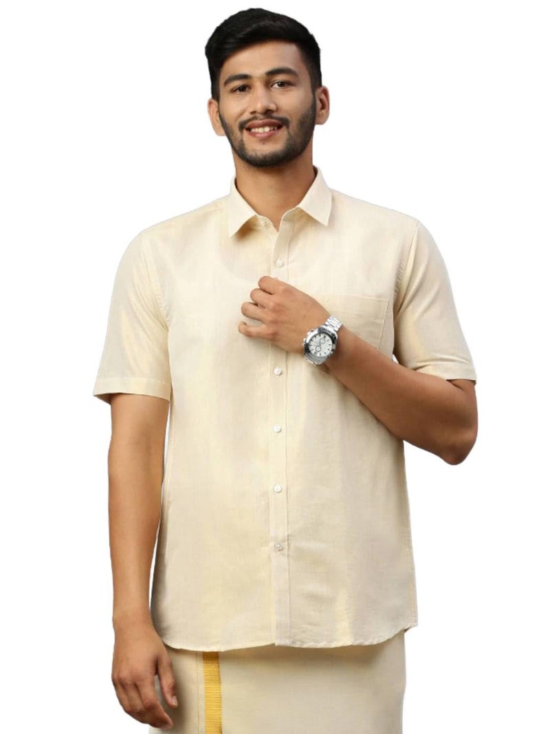 RAMRAJ COTTON Men Tissue Golden Shirt|Ideal for Festival and Wedding Occasion - Image 1