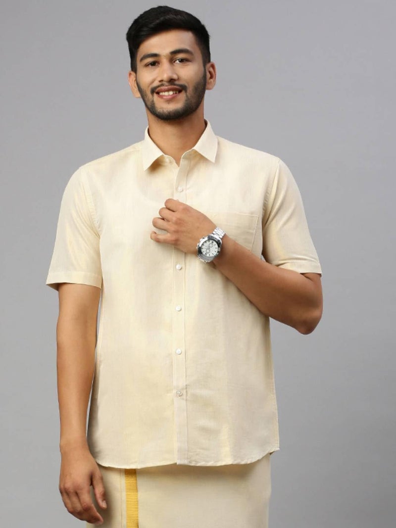 RAMRAJ COTTON Men Tissue Golden Shirt|Ideal for Festival and Wedding Occasion - Image 2