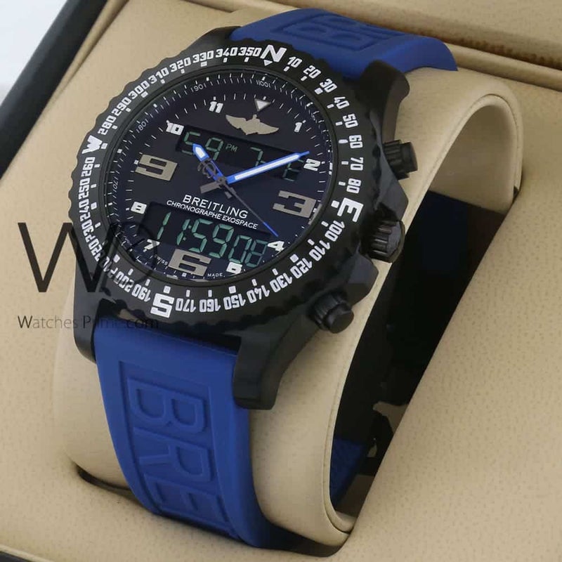 Breitling Chronograph Black Watch for Men with Blue Rubber Belt