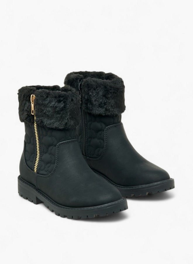 Little Missy Quilted Ankle Boots with Faux Fur and Zip Closure - Image 3