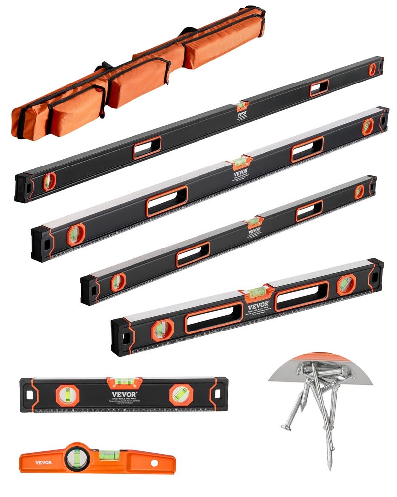 VEVOR 6-Piece Torpedo Level, 78/48/32/24/16/10 Inch All Magnetic Levels Set, Bubble Vials Ruler for 45/90/180 Degree, Aluminum Alloy Magnetic Box Leveler Tool, Shock-Resistance, SAE and Metric Scale - Image 1