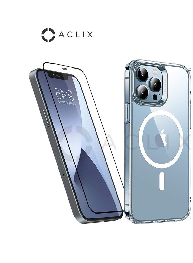 ACLIX 3in1 Apple iPhone 12 pro with A 3D Black Border Glass Screen Protector 6.7 inch Shockproof Protective Case, Soft Scratch-Resistant Protection Case, Slim Transparent Thin Case, Magsafe Compatible charg