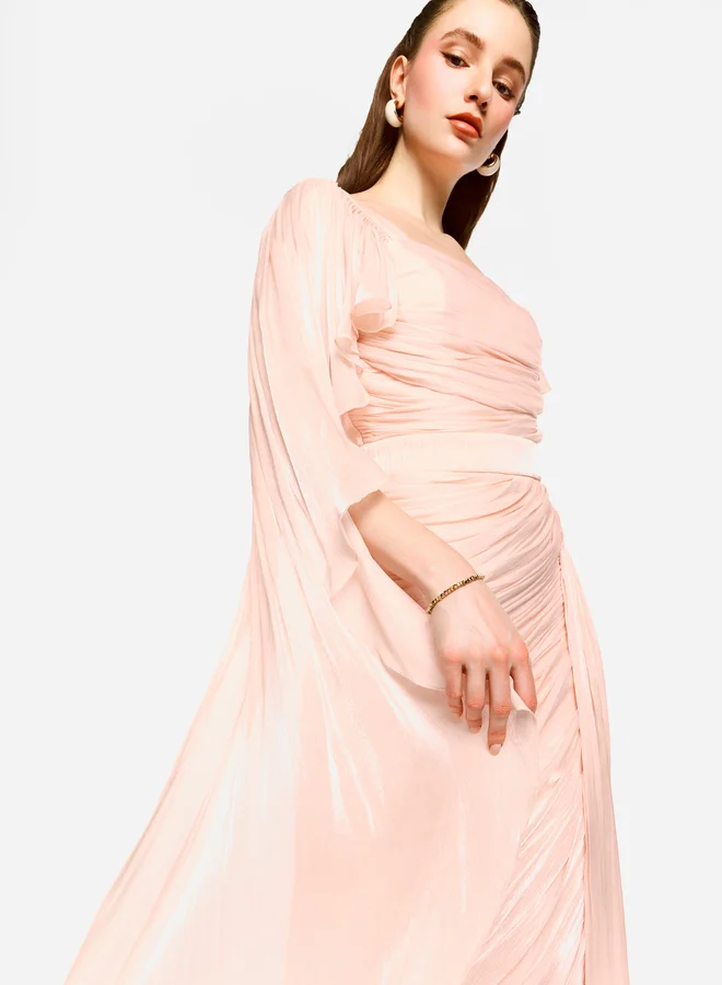 House of Moda House of Moda Pleated Cape Sleeves Ruffled Detail Maxi Dress