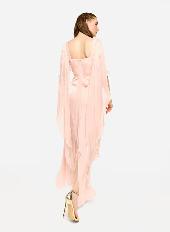 House of Moda House of Moda Pleated Cape Sleeves Ruffled Detail Maxi Dress