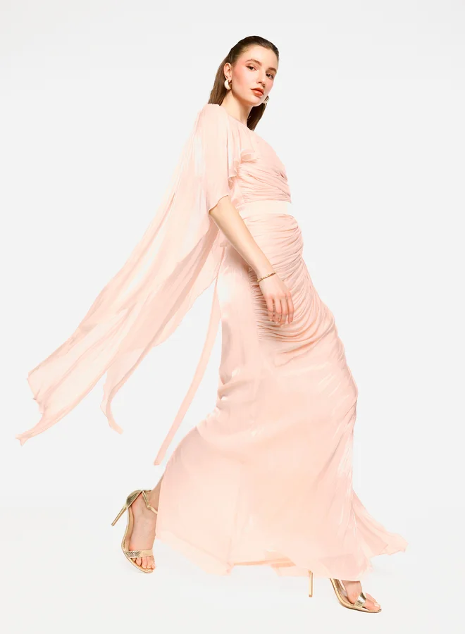 House of Moda House of Moda Pleated Cape Sleeves Ruffled Detail Maxi Dress