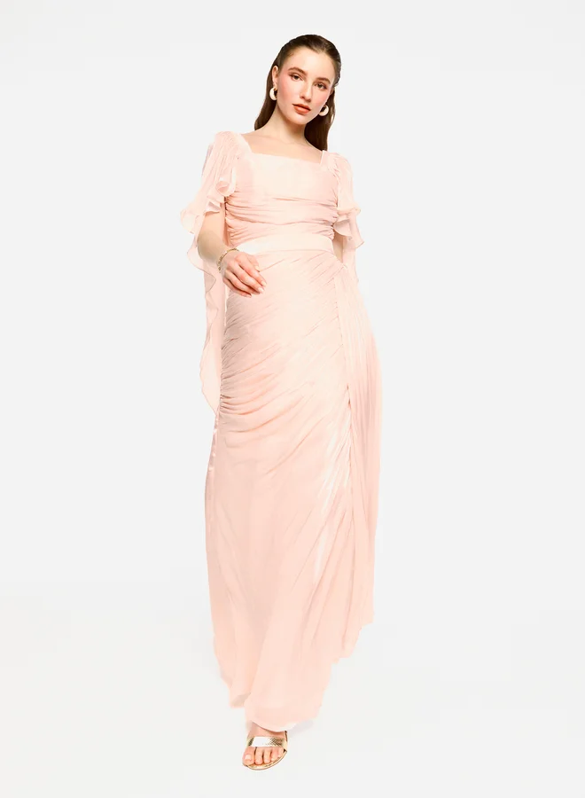 House of Moda House of Moda Pleated Cape Sleeves Ruffled Detail Maxi Dress