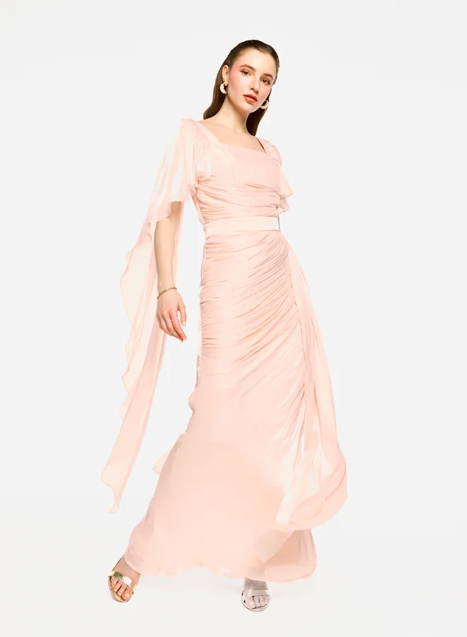 House of Moda House of Moda Pleated Cape Sleeves Ruffled Detail Maxi Dress