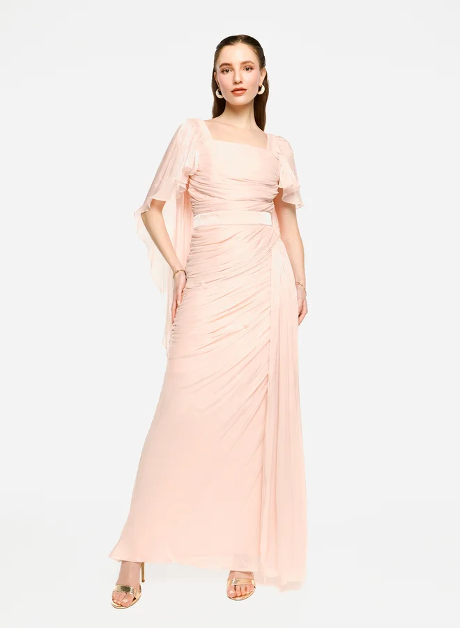 House of Moda House of Moda Pleated Cape Sleeves Ruffled Detail Maxi Dress