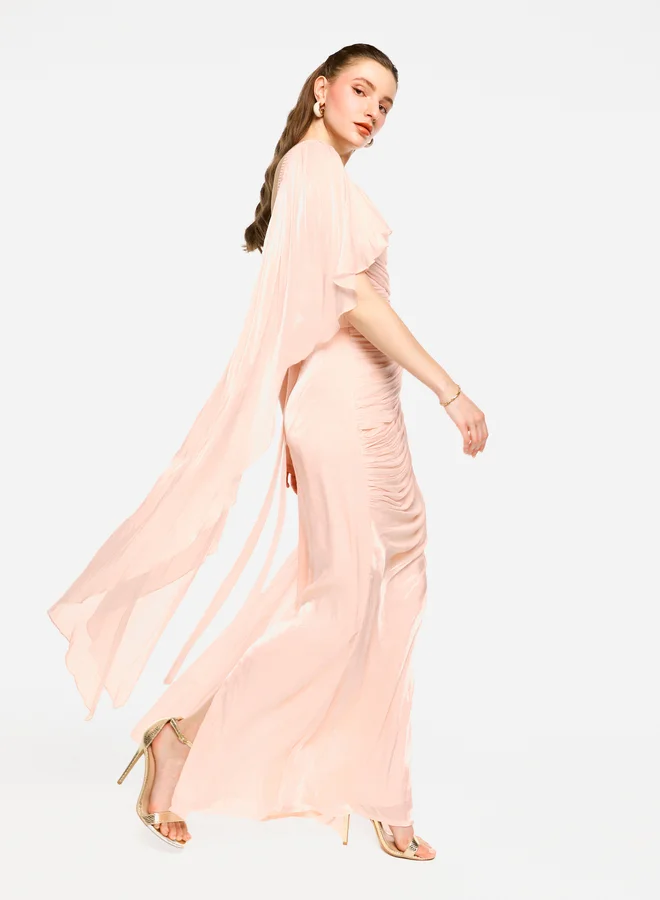 House of Moda House of Moda Pleated Cape Sleeves Ruffled Detail Maxi Dress