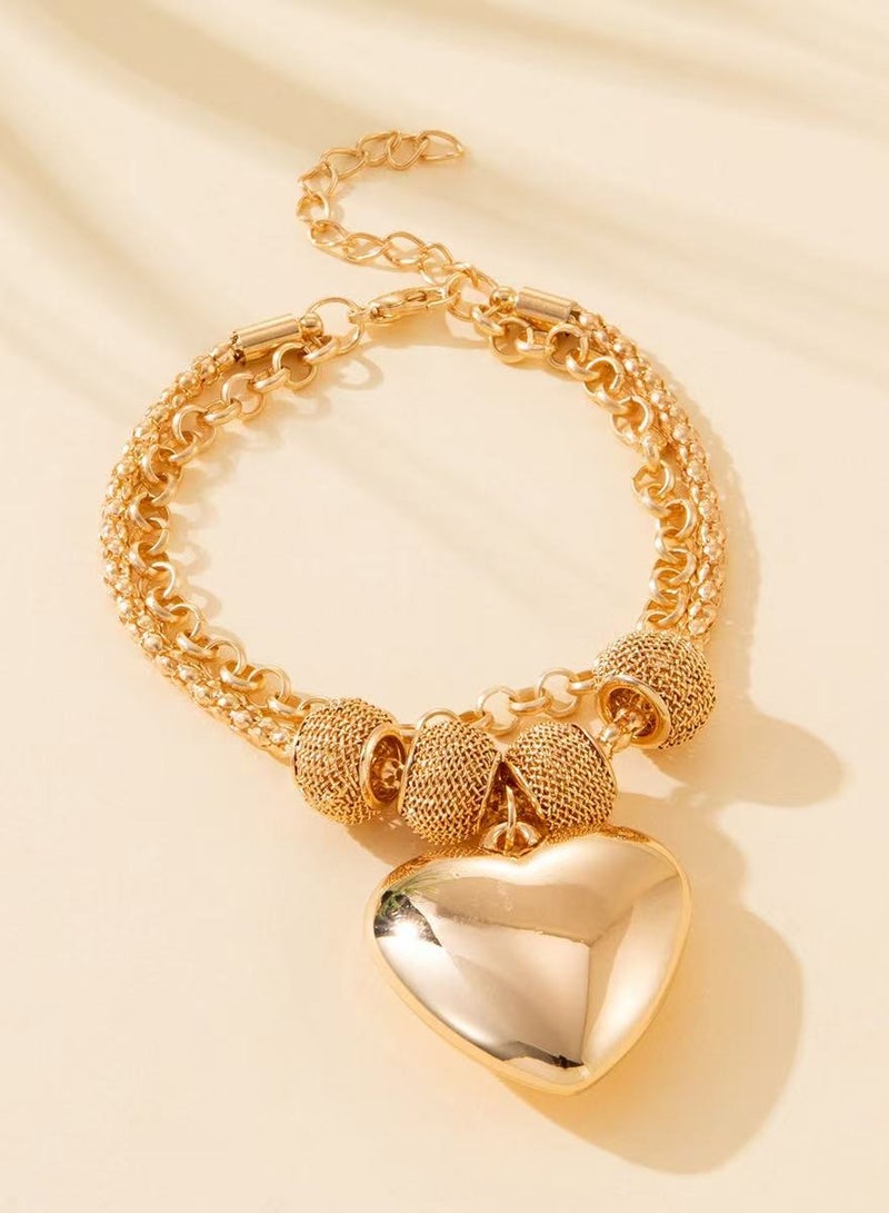 Goolsky 1pc Double-Layered Golden Chain Bracelet with Heart Charm - Cute & Simple Stainless Steel, Versatile Accessory for Casual Attire - Image 1