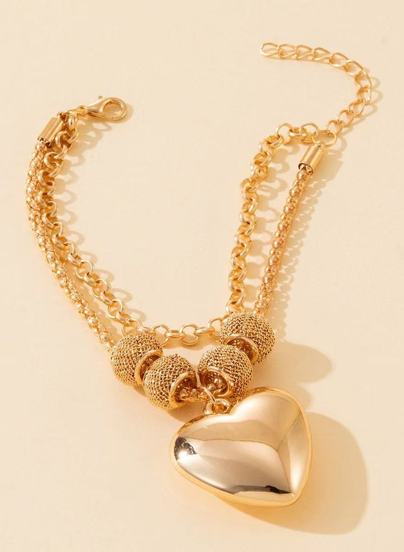 Goolsky 1pc Double-Layered Golden Chain Bracelet with Heart Charm - Cute & Simple Stainless Steel, Versatile Accessory for Casual Attire - Image 2