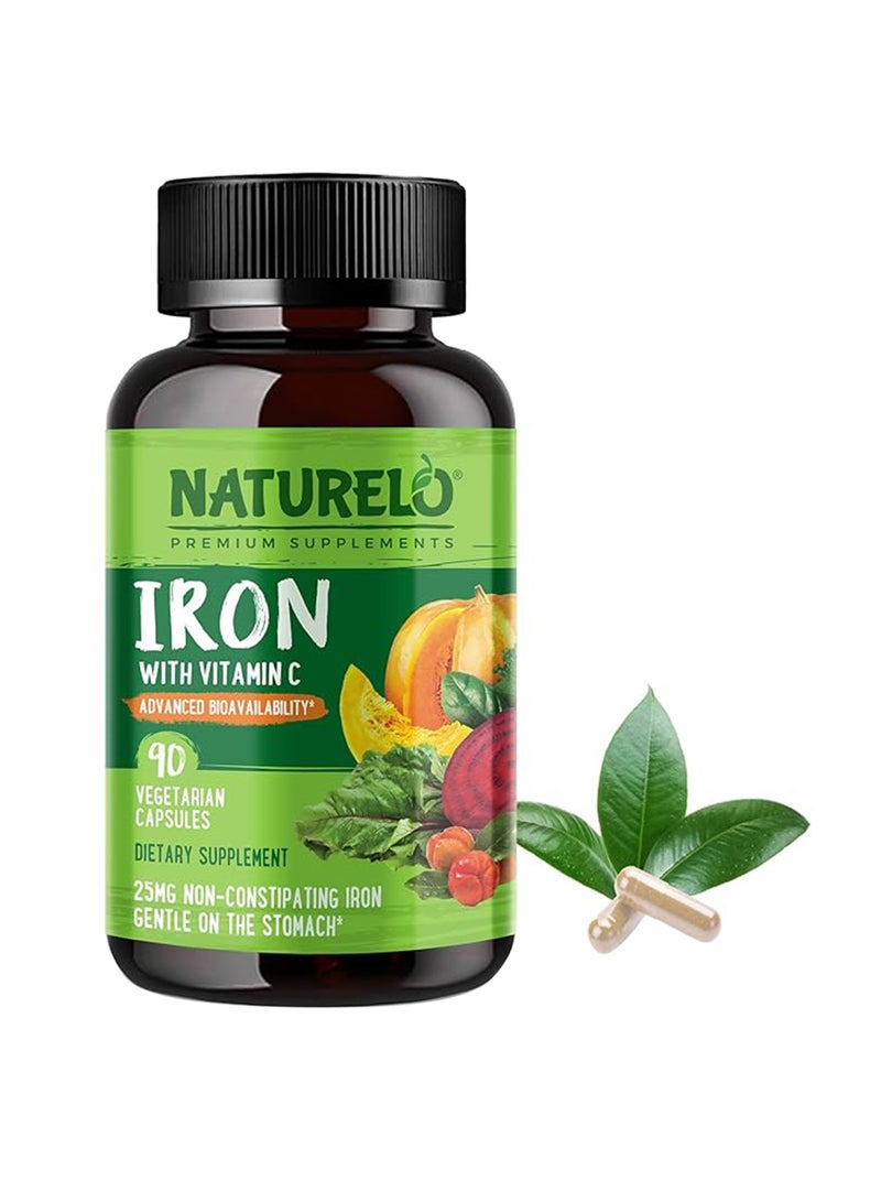 NATURELO مكمل حديد نباتي مع فيتامين C وأطعمة عضوية كاملة - حبوب لطيفة للنساء والرجال الذين يعانون من نقص الحديد بما في ذلك الحمل، أنظمة غذائية لفقر الدم 90 كبسولة صغيرة